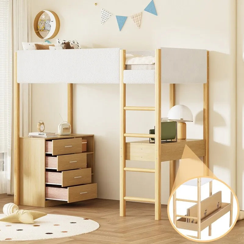Lit mezzanine pour enfants en polaire Teddy avec bureau et tiroirs