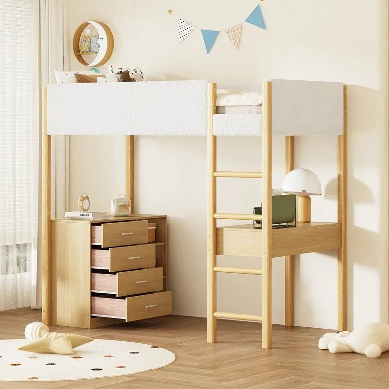 Lit mezzanine pour enfants en polaire Teddy avec bureau et tiroirs