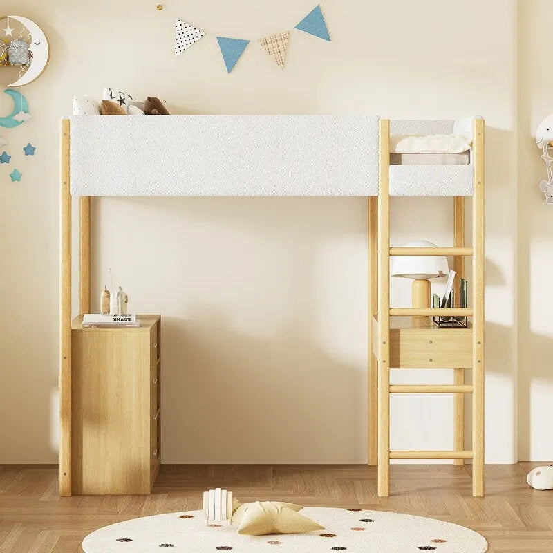 Lit mezzanine pour enfants en polaire Teddy avec bureau et tiroirs
