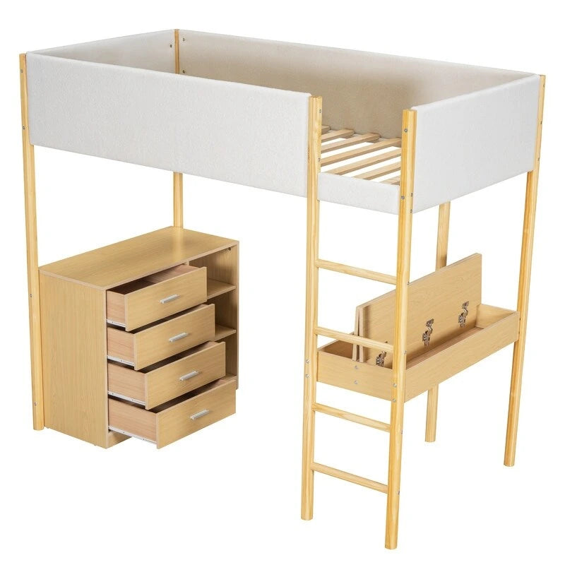 Lit mezzanine pour enfants en polaire Teddy avec bureau et tiroirs