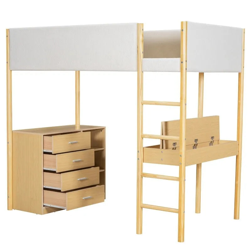 Lit mezzanine pour enfants en polaire Teddy avec bureau et tiroirs