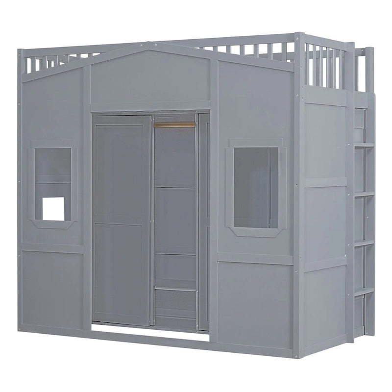 Lit mezzanine double avec échelle et armoire