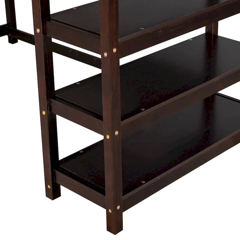 Lit mezzanine en bois massif Espresso avec bureau intégré, étagères de rangement, balustrades stables