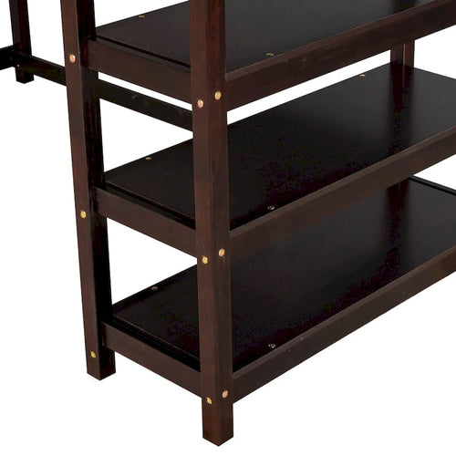 Espresso Solid Wood Loft Bed with Integrated Desk, Storage Shelves, Stable Guardrails