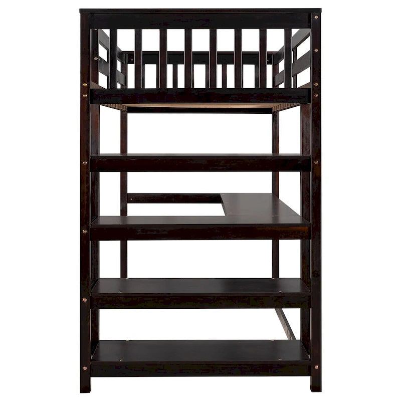 Lit mezzanine en bois massif Espresso avec bureau intégré, étagères de rangement, balustrades stables