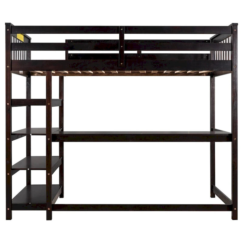 Lit mezzanine en bois massif Espresso avec bureau intégré, étagères de rangement, balustrades stables
