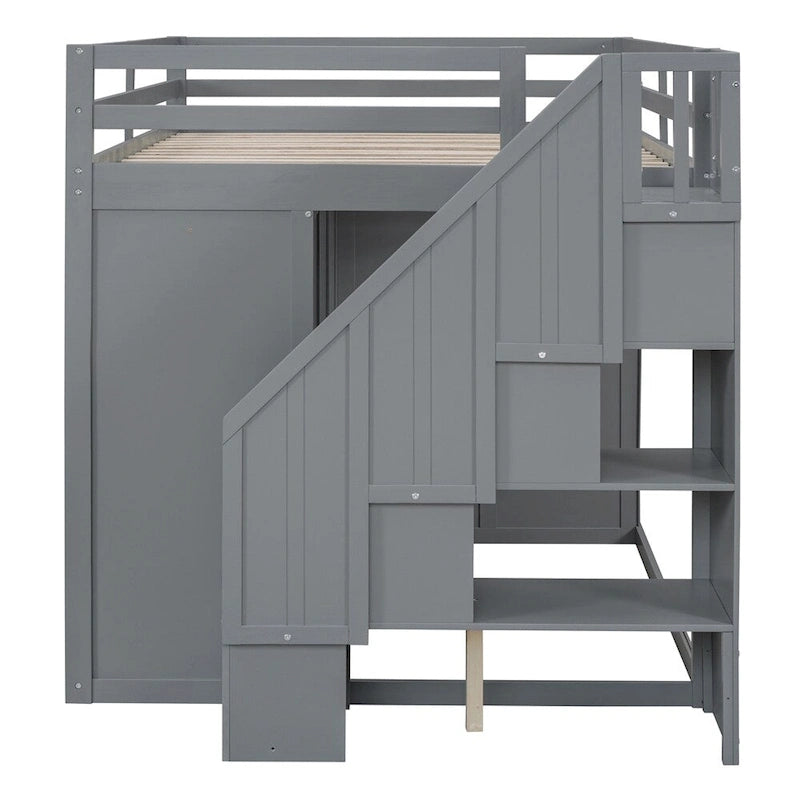 Lit mezzanine en bois pleine grandeur avec armoires, meubles de rangement et tiroirs intégrés