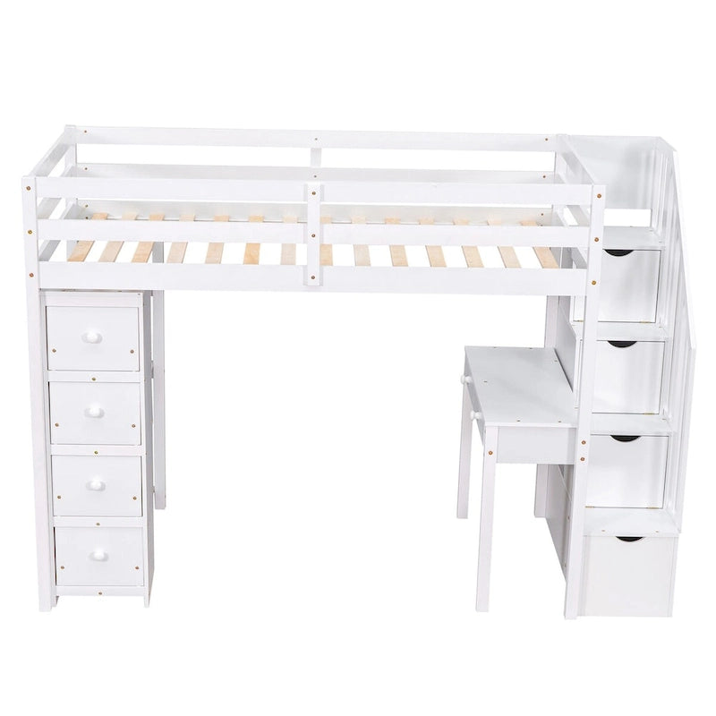 Twin Size Wooden Loft Bed with Storage Drawers, Desk, Storage Stairs, Shelves