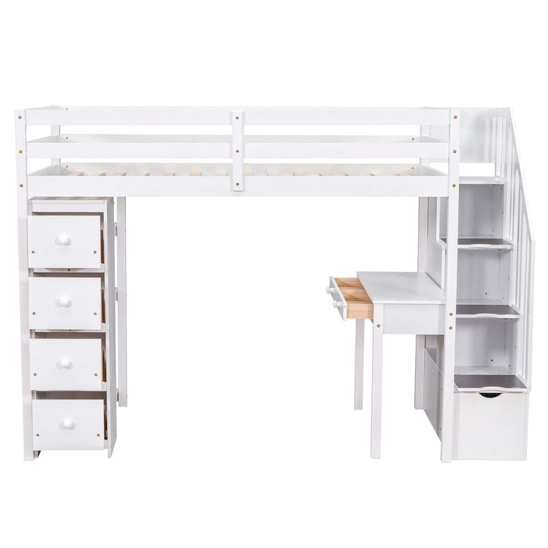 Lit mezzanine en bois, format une place, avec tiroirs de rangement, bureau, escalier de rangement et étagères