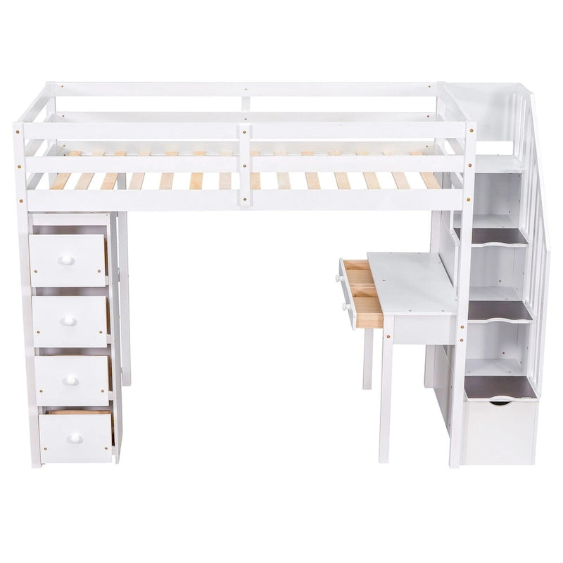 Lit mezzanine en bois, format une place, avec tiroirs de rangement, bureau, escalier de rangement et étagères