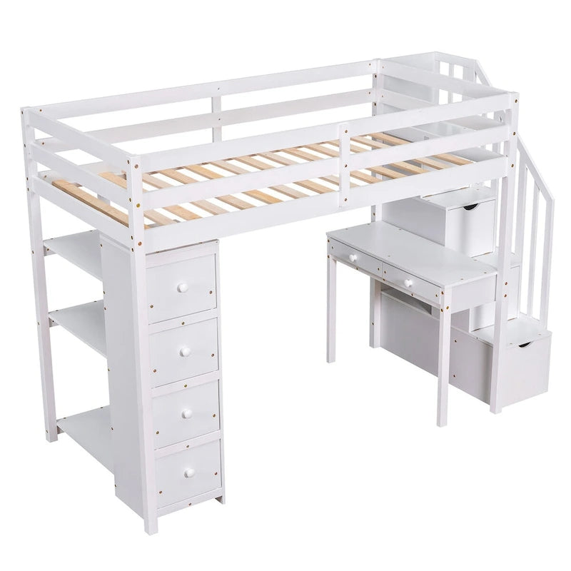 Lit mezzanine en bois, format une place, avec tiroirs de rangement, bureau, escalier de rangement et étagères