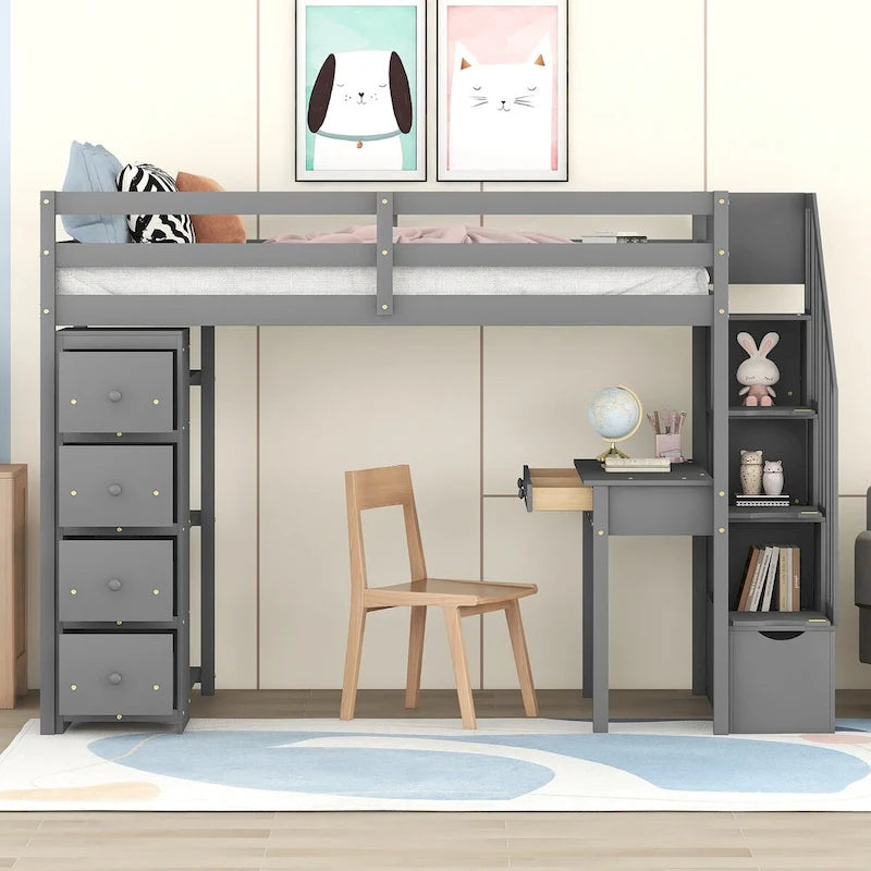 Lit mezzanine en bois, format une place, avec tiroirs de rangement, bureau, escalier de rangement et étagères