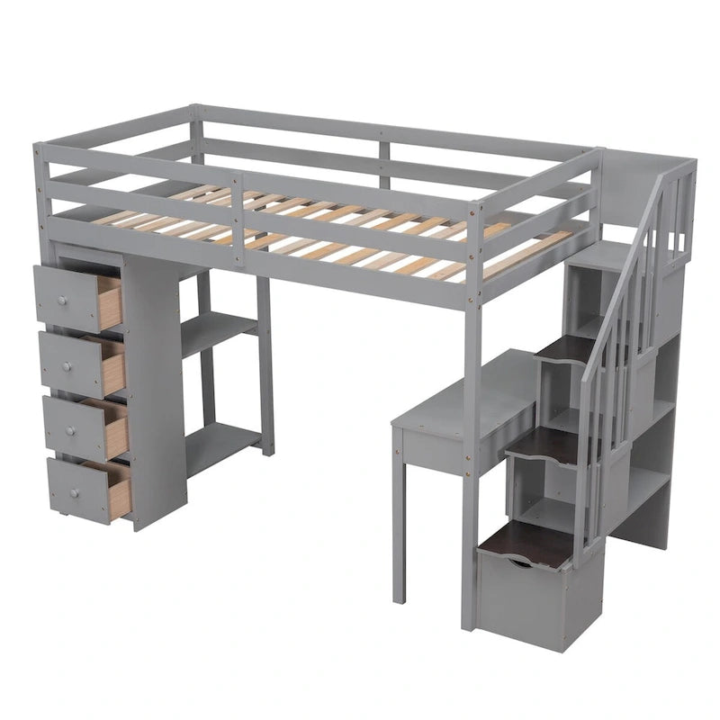 Lit mezzanine en bois, format une place, avec tiroirs de rangement, bureau, escalier de rangement et étagères