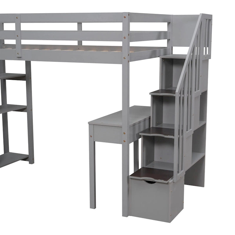 Lit mezzanine en bois, format une place, avec tiroirs de rangement, bureau, escalier de rangement et étagères