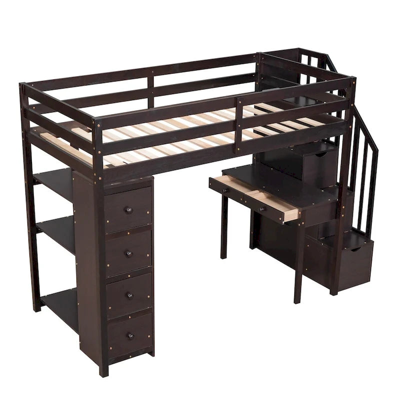 Lit mezzanine en bois, format une place, avec tiroirs de rangement, bureau, escalier de rangement et étagères