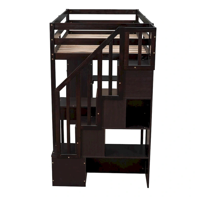 Lit mezzanine en bois, format une place, avec tiroirs de rangement, bureau, escalier de rangement et étagères