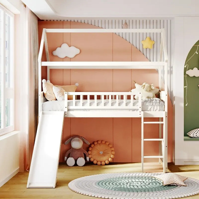 Lit mezzanine double en bois avec toboggan, lit cabane