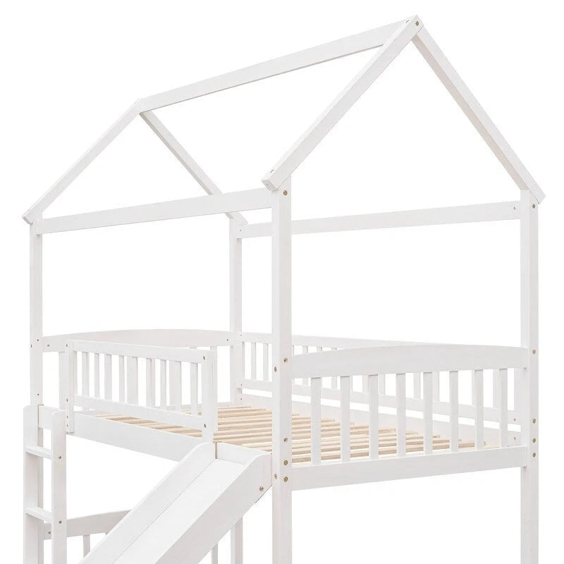Lit mezzanine double en bois avec toboggan, lit cabane