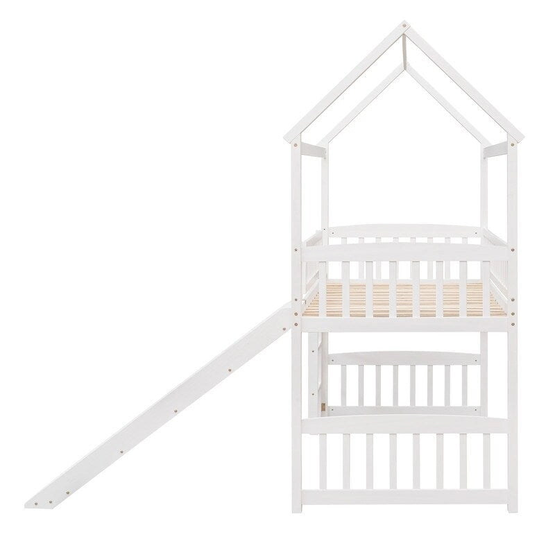 Lit mezzanine double en bois avec toboggan, lit cabane