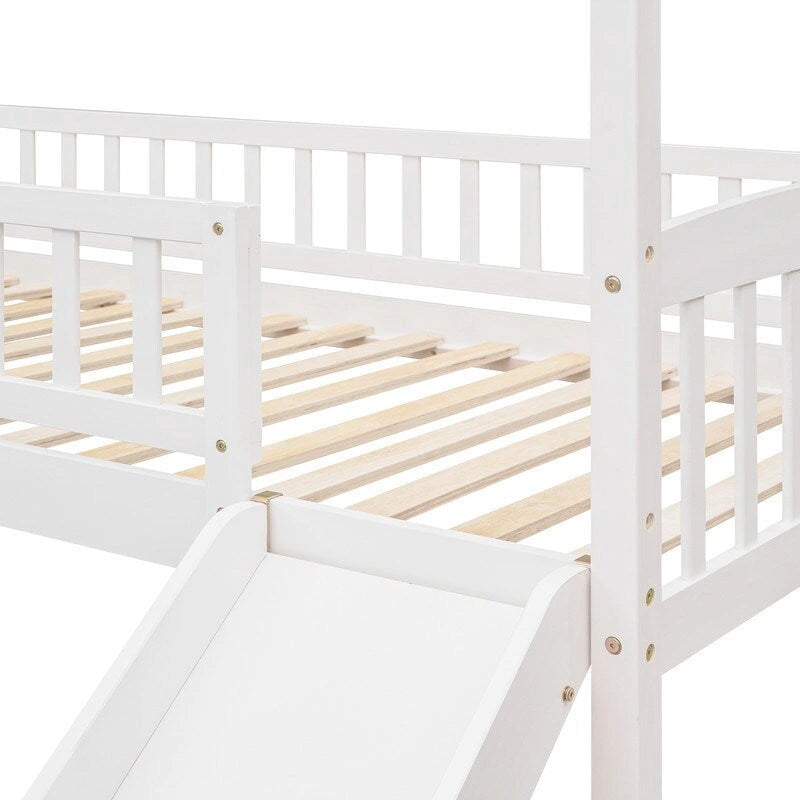 Lit mezzanine double en bois avec toboggan, lit cabane