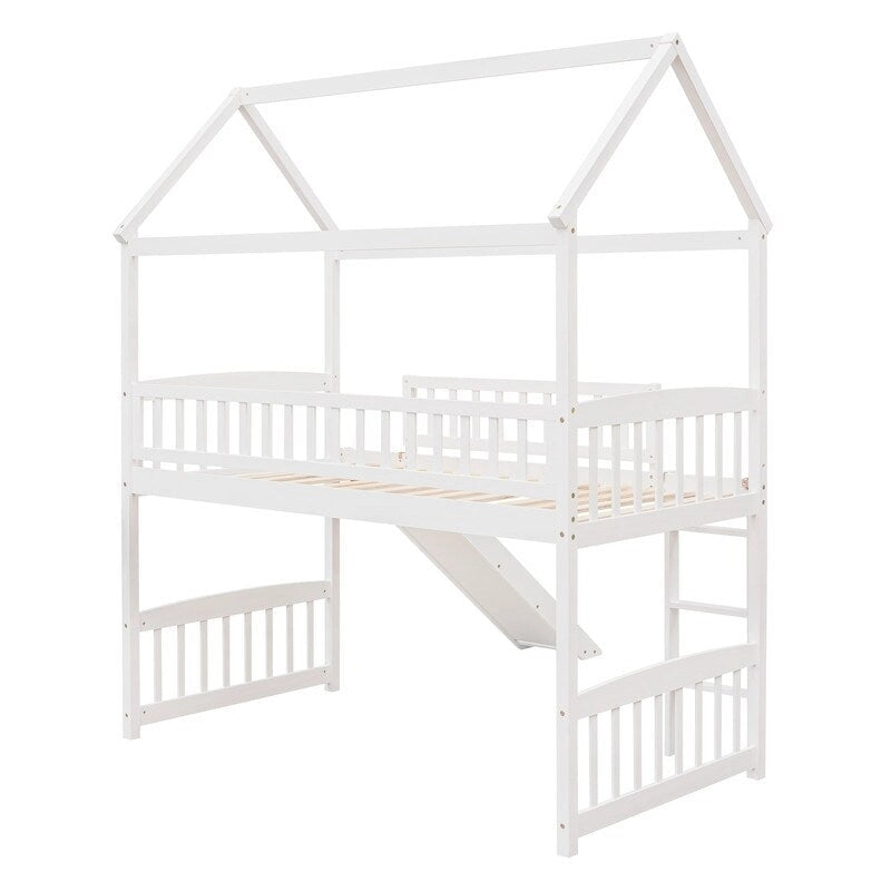 Lit mezzanine double en bois avec toboggan, lit cabane