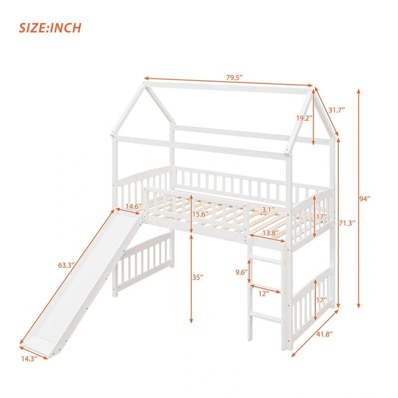 Lit mezzanine double en bois avec toboggan, lit cabane