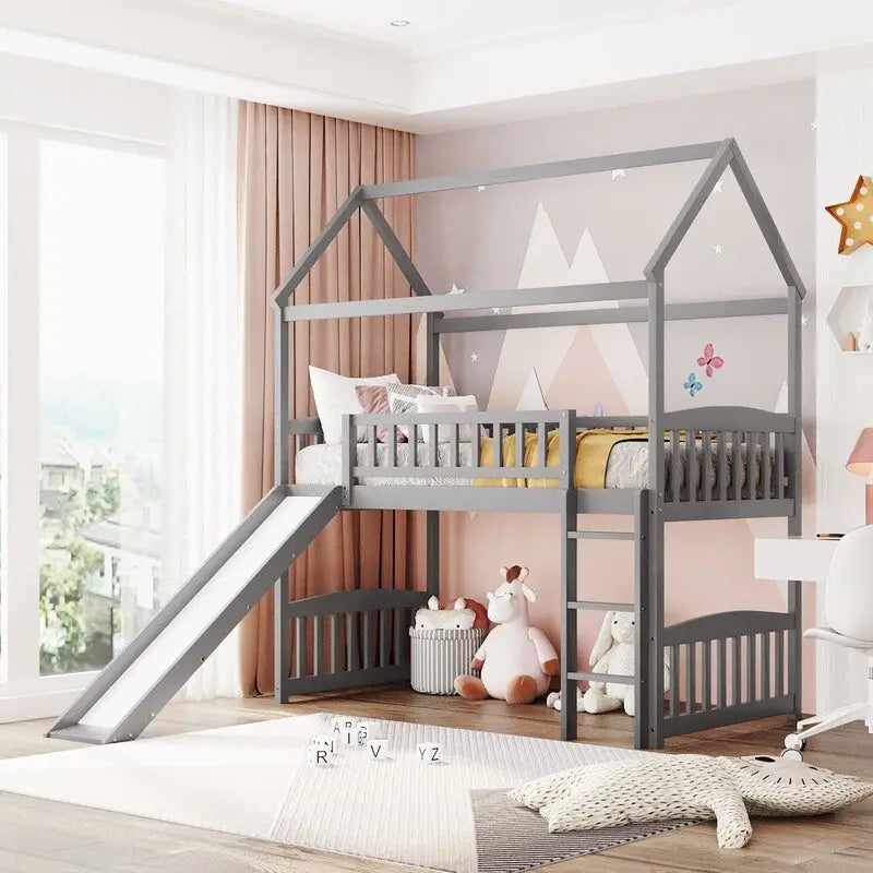 Lit mezzanine double en bois avec toboggan, lit cabane