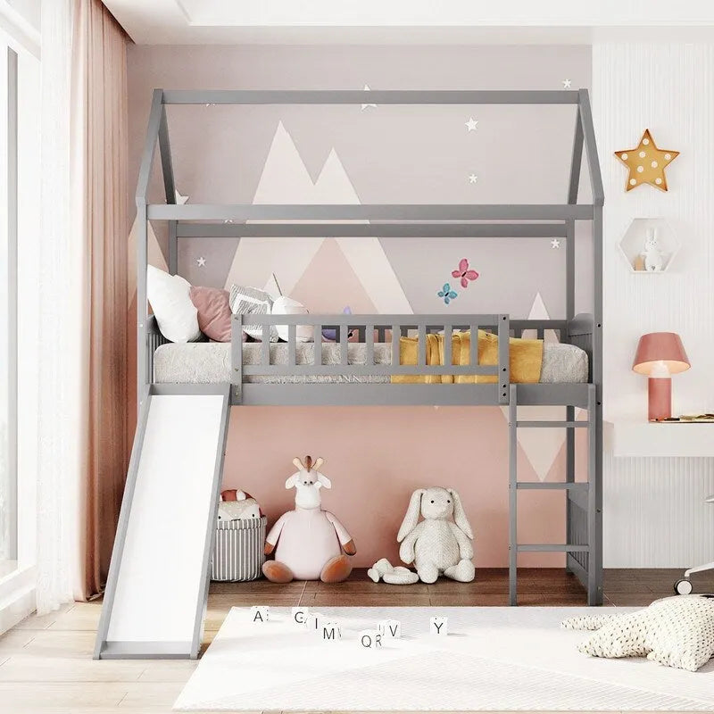 Lit mezzanine double en bois avec toboggan, lit cabane