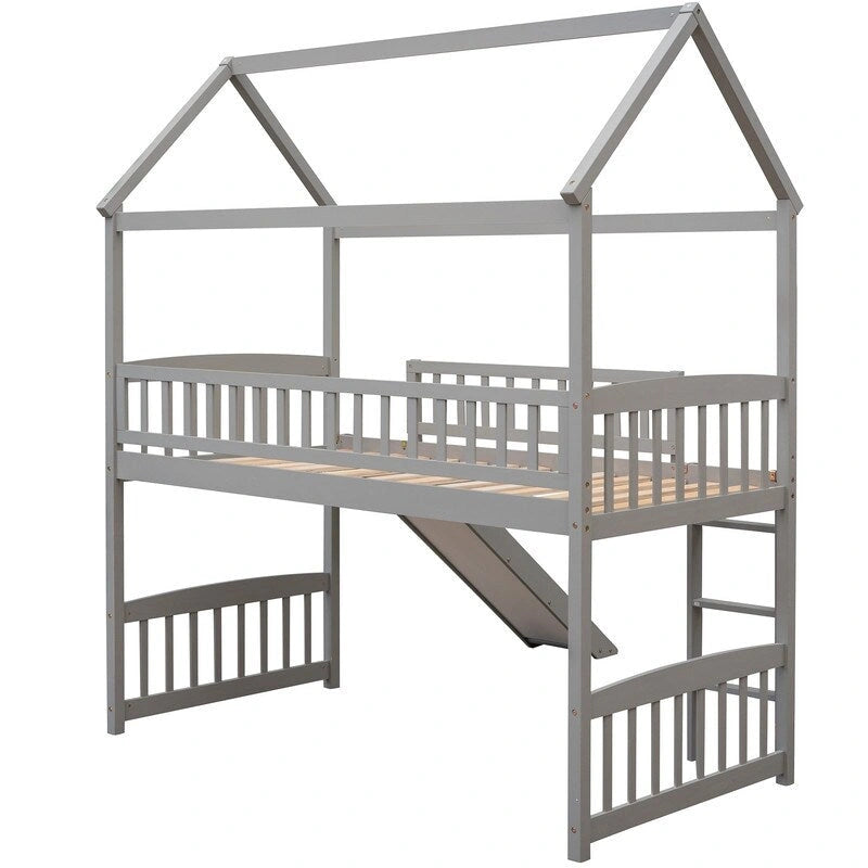 Lit mezzanine double en bois avec toboggan, lit cabane