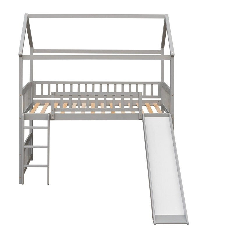 Lit mezzanine double en bois avec toboggan, lit cabane