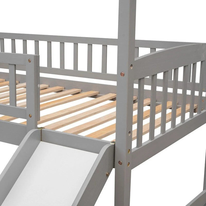 Lit mezzanine double en bois avec toboggan, lit cabane