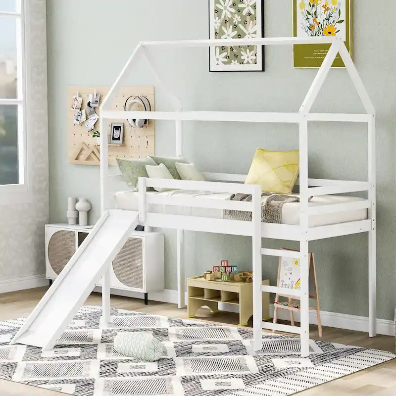 Lit mezzanine simple avec toboggan, lit cabane avec toboggan