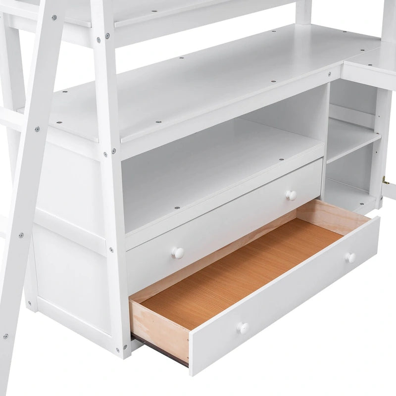 Lit mezzanine double avec bureau et étagères, deux tiroirs intégrés