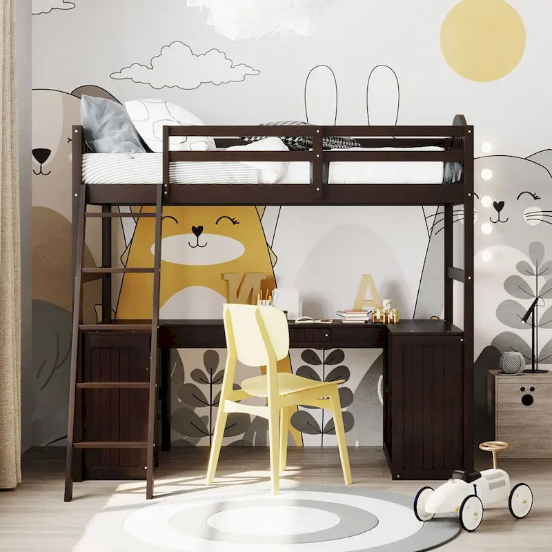Lit mezzanine en bois, taille double, avec bureau, 2 tiroirs, armoire, 4 étagères, et garde-corps pleine longueur