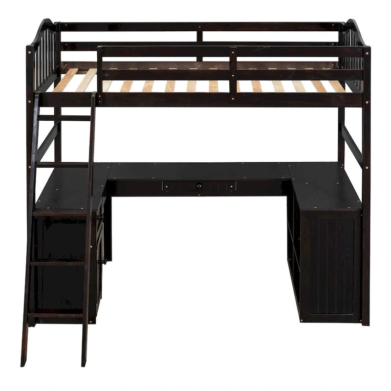 Lit mezzanine en bois, taille double, avec bureau, 2 tiroirs, armoire, 4 étagères, et garde-corps pleine longueur