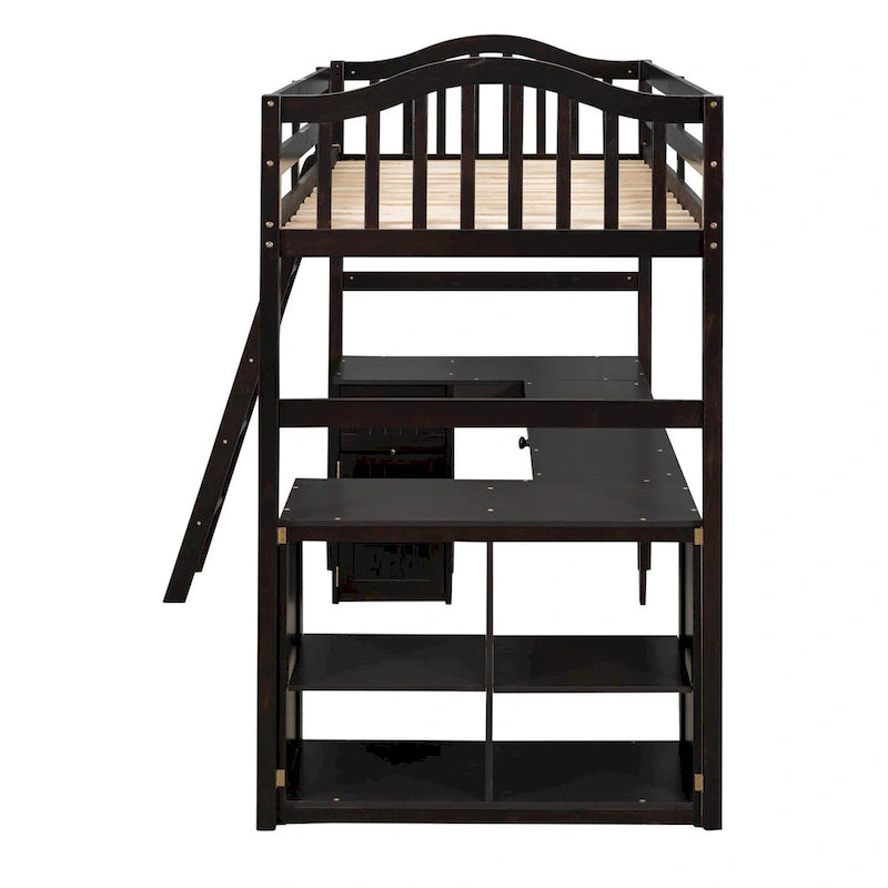 Lit mezzanine en bois, taille double, avec bureau, 2 tiroirs, armoire, 4 étagères, et garde-corps pleine longueur
