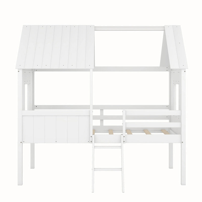 Lit cabane en bois bas avec 2 fenêtres latérales