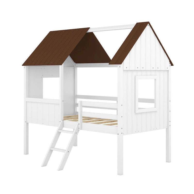Lit cabane en bois bas avec 2 fenêtres latérales