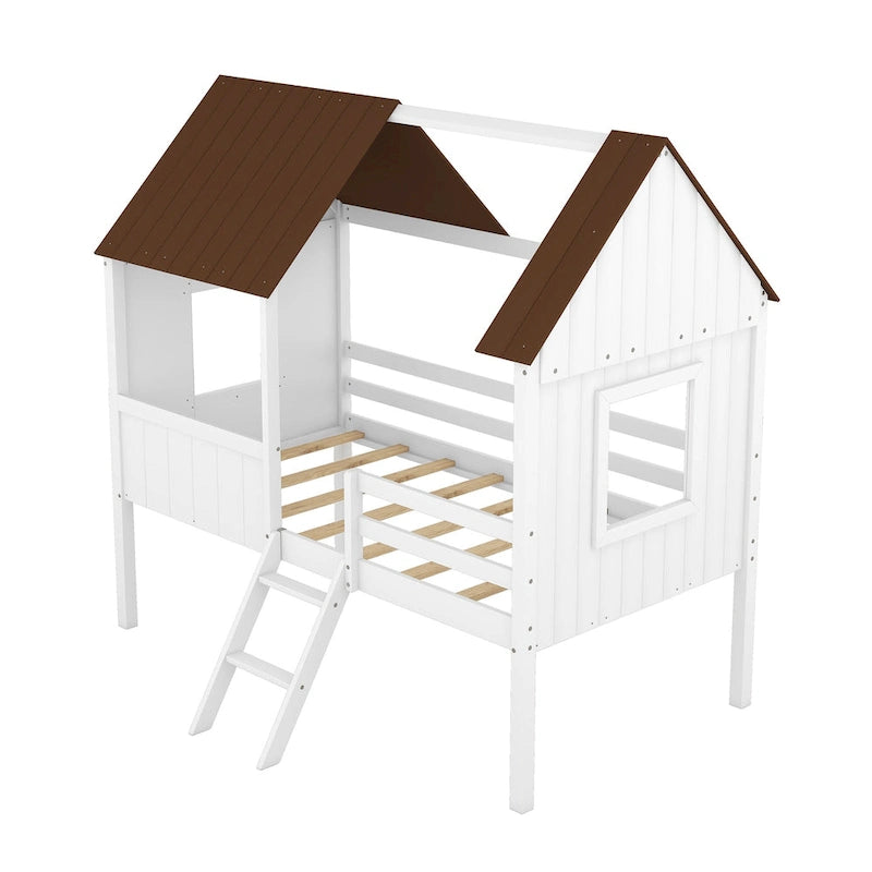 Lit cabane en bois bas avec 2 fenêtres latérales