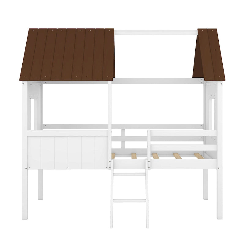 Lit cabane en bois bas avec 2 fenêtres latérales