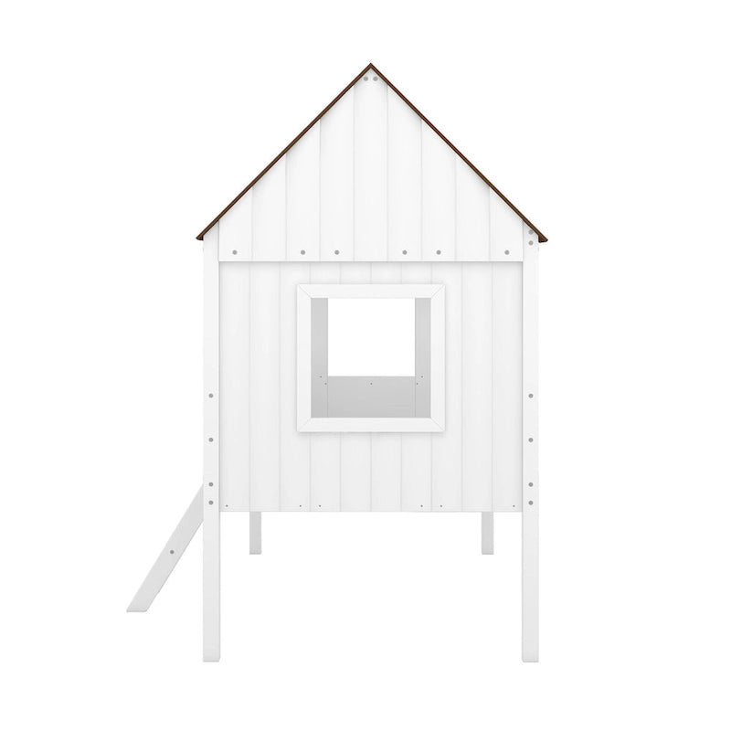 Lit cabane en bois bas avec 2 fenêtres latérales