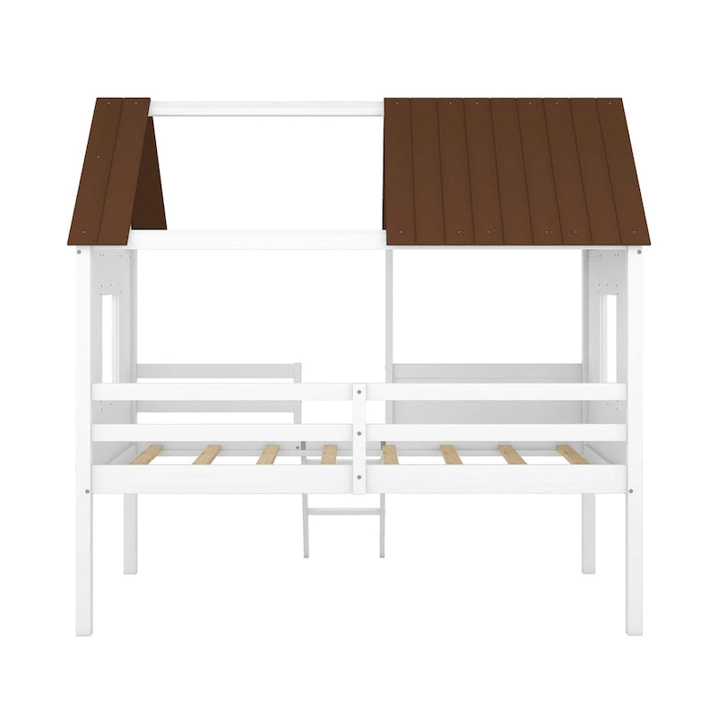 Lit cabane en bois bas avec 2 fenêtres latérales