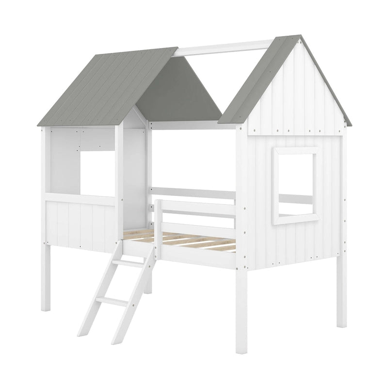 Lit cabane en bois bas avec 2 fenêtres latérales