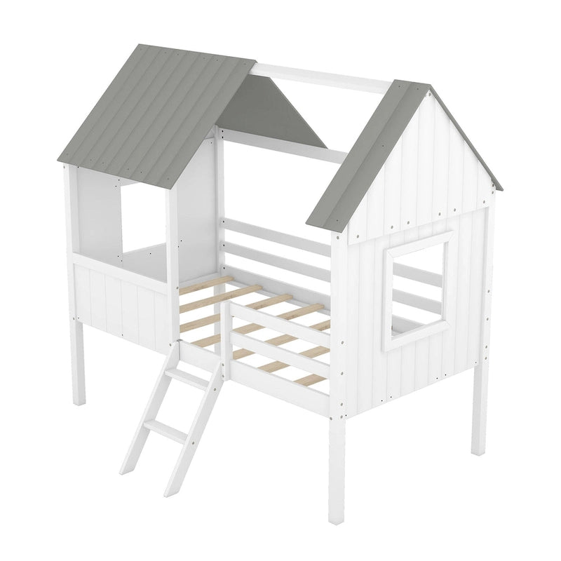 Lit cabane en bois bas avec 2 fenêtres latérales