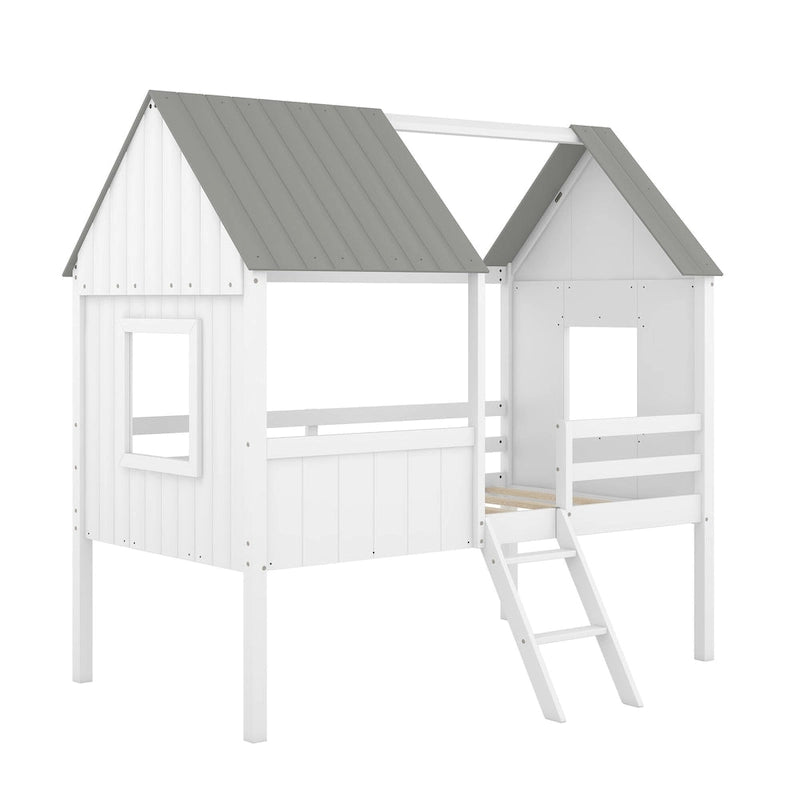 Lit cabane en bois bas avec 2 fenêtres latérales