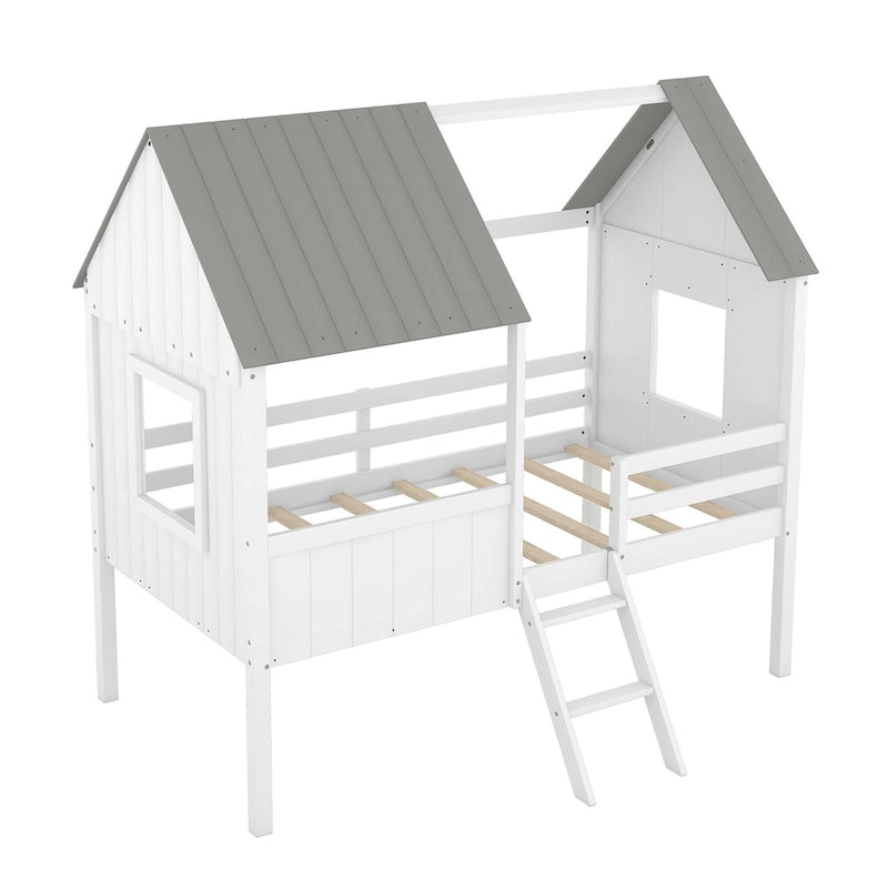 Lit cabane en bois bas avec 2 fenêtres latérales