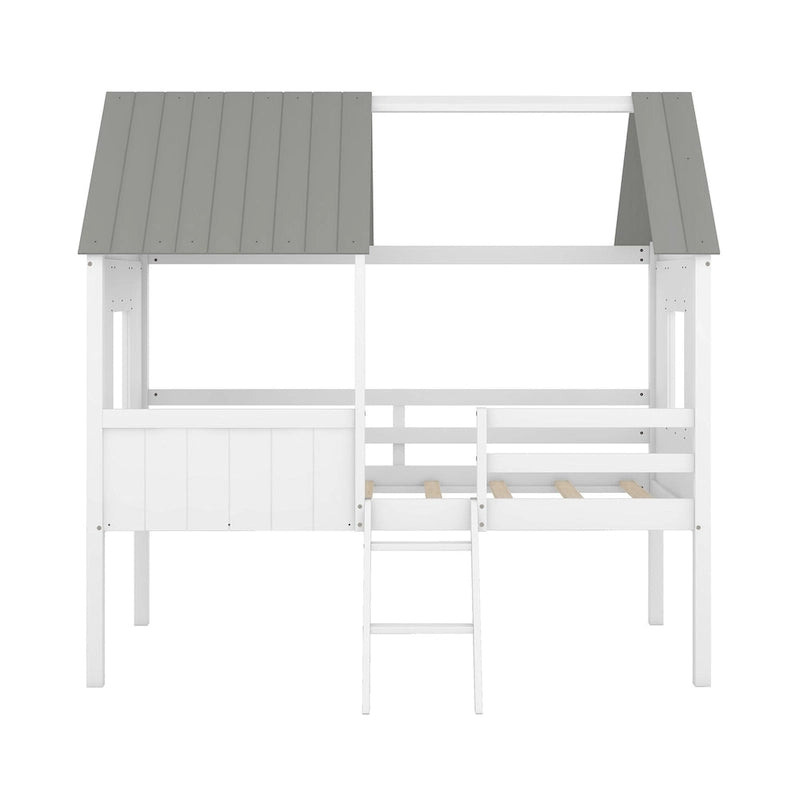 Lit cabane en bois bas avec 2 fenêtres latérales