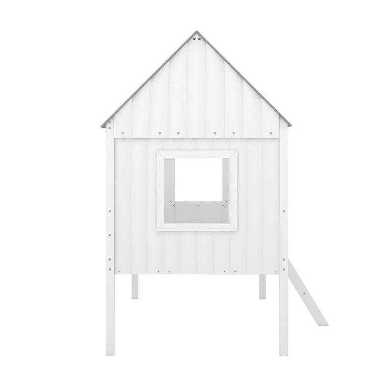 Lit cabane en bois bas avec 2 fenêtres latérales