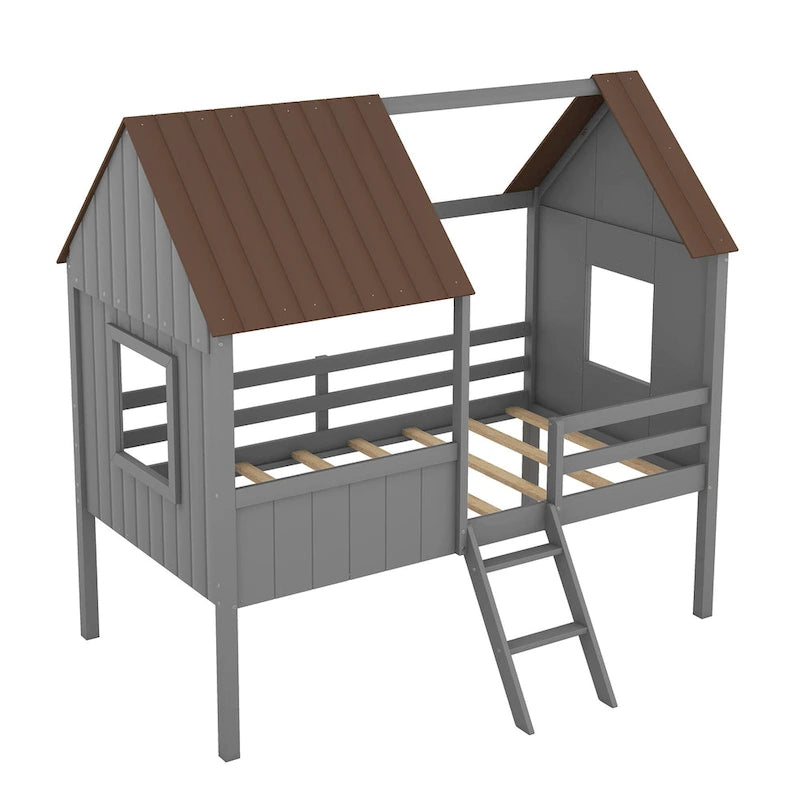 Lit cabane en bois bas avec 2 fenêtres latérales