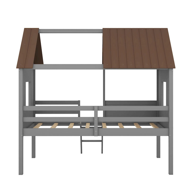 Lit cabane en bois bas avec 2 fenêtres latérales